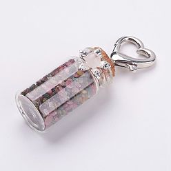 Tourmaline Clear Glass Bottle Tourmaline Pendant Decorations, with Heart Alloy Lobster Claw Clasps, 75mm
