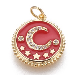 Красный Латунные микро проложить кубического циркония подвески, с эмалью, плоские круглые с Луны и звезды, золотые, красные, 18x16.5x2 мм, отверстие : 3.5 мм