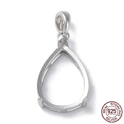 Real Platinum Plated Rhodium Plated Rack Plating 925 Sterling Silver Pendants Cabochon Settings, Teardrop Prong Basket Setting, with 925 Stamp, Real Platinum Plated, Tray: 14x10mm, 25x12x6mm, Hole: 3x4.5mm