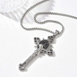 Stainless Steel Color Religion 201 Stainless Steel Enamel Saint Benedict Crucifix Cross Pendant 304 Stainless Steel Box Chain Necklaces, Black, Stainless Steel Color, 23.54 inch(59.8cm)