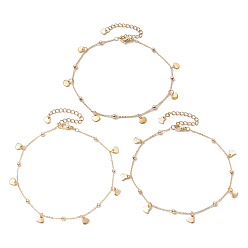 Golden 3Pcs 3 Styles Brass Cable Chain Anklets, Satellite Chains, Heart Charm Anklets, Golden, 8-7/8 inch(22.5cm), 1pc/style