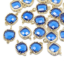 Mixed Color Glass Links connectors, with Golden Tone Brass Findings, Faceted, Square, Mixed Color, 15x9x3mm, Hole: 0.5mm