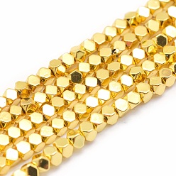 Plaqué Or Galvanoplastie non magnétiques hématite synthétique brins de perles, AA grade, plaqué longue durée, facette, cube, plaqué or, 2x2x2mm, Trou: 0.5mm, Environ 198 pcs/chapelet, 15.7 pouce (40 cm)