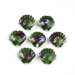 Морско-зеленый Фарфоровые бусины ручной работы, фантазии античного стекла фарфора, формы раковины, цвета морской волны, 25~27x27~29.5x10.5~12 мм, отверстие : 2 мм