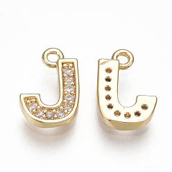 Letter J Brass Cubic Zirconia Charms, Letter, Clear, Real 18K Gold Plated, Letter.J, 10x7x1.5mm, Hole: 1mm