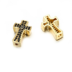 Golden Brass Micro Pave Black Cubic Zirconia Beads, Cross, Golden, 14x9mm