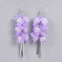 Violet Eco-Friendly Transparent Acrylic Dangle Earrings, Cluster Earrings, with Frosted Transparent Acrylic Petal, 304 Stainless Steel Pendants and Brass Earring Hooks, Violet, 92x25mm, Pin: 0.6mm