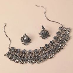 Античное Серебро Комплекты из плоских круглых ожерелий с подвесками-кисточками и серег-гвоздиков, античное серебро, 385 мм