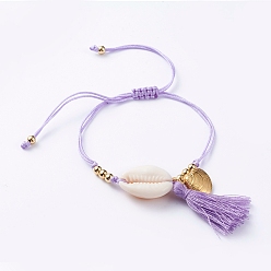 Lavender Braided Bracelets, with Cotton Thread Tassel Pendants, Natural Cowrie Shell Beads, 304 Stainless Steel Pendants, Brass Beads and Nylon Thread, Lavender, 1/2 inch~3-5/8 inch(1.4~9.2cm)