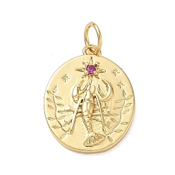 Fuchsia Brass Micro Pave Cubic Zirconia Pendants, Oval with Lobster Charms, Real 14K Gold Plated, Fuchsia, 17.5x14x3mm, Hole: 4mm