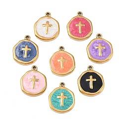 Cross 304 нержавеющей стальной эмали подвески, плоско-круглые, золотые, крестик, 15.5~16.5x13.5x2.5 мм, отверстие : 1.2~1.4 мм