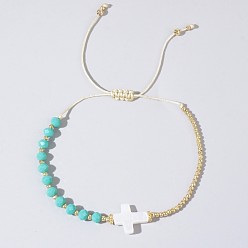 Бирюза Регулируемые браслеты из плетеных бусин из стекла и латуни, Украшения из натуральных ракушек для женщин, крестик, золотые, бирюзовые, 11.02 дюйм (28 см)