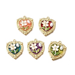 (52) Непрозрачная лаванда Подвески из эмали и сплава, с ABS имитации жемчуга, Сердце со цветками , стойки покрытие, долговечный, без свинца, без кадмии и без никеля, золотые, разноцветные, 27.5x22.5x5.5 мм, отверстие : 1.5 мм