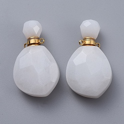 White Jade Faceted Natural White Jade Openable Perfume Bottle Pendants, with Golden Tone 304 Stainless Steel Findings, 38~39.5x22.5~23x11~13.5mm, Hole: 1.8mm, Bottle Capacity: 1ml(0.034 fl. oz)