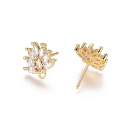 Golden Brass Cubic Zirconia Stud Earring Findings, with Loop, Flower, Clear, Golden, 12x11.5x2.5mm, Hole: 1mm, Pin: 0.8mm