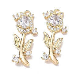 Golden Brass Micro Pave Clear Cubic Zirconia Pendants, Tulip Flower Charms, Rack Plating, Long-Lasting Plated, Golden, 32x15x5mm, Hole: 1.8mm