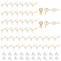 Золотой 100 шт. Детали для серег из латуни с кубическим цирконием., с горизонтальными петлями и пластиковыми гайками 200шт., золотые, 5.5x3 мм, отверстие : 0.8 мм, штифты : 0.7 мм