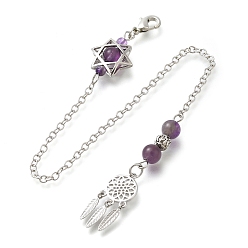 Аметист Круглые натуральные аметистовые маятники для биолокации, с реечным покрытием, фурнитура из латуни и сплавов, плетеная сеть/паутина с перьями и звездой Давида, 248 мм