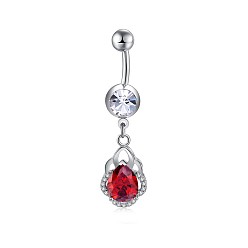 Rot Piercing-Schmuck, umweltfreundlicher Nabelring aus Zirkonoxid aus Messing, Bauchringe, mit 304 Edelstahlleiste, Träne, Platin Farbe, rot, 42 mm, Stange: 15 Spurweite(1.5mm), Stangenlänge: 3/8"(10mm)