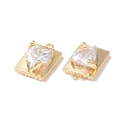 Real 18K Gold Plated Brass Charms, with Glass, Square with Heart Charm, Real 18K Gold Plated, 13x10x5mm, Hole: 1mm