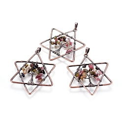 Tourmaline Natural Tourmaline Pendants, with Brass Findings, Star, Red Copper, 52x43x5~6mm, Hole: 5x8mm