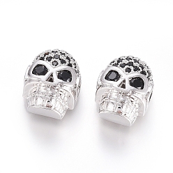 Real Platinum Plated Brass Micro Pave Cubic Zirconia Beads, Long-Lasting Plated, for Halloween, Skull Head, Black, Real Platinum Plated, 12.5x9.5x7mm, Hole: 2x2.5mm