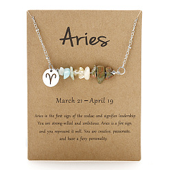 Овен Ожерелья с подвесками в виде созвездий из натурального аквамарина, кварцевого кристалла, унакита и сплава, ожерелья из нержавеющей стали со спутниковой цепью для женщин и мужчин, старинное серебро и цвет нержавеющей стали, Овен, 17.72 дюйм (45 см)