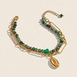 Зеленый Авантюрин Браслеты из натурального зеленого авантюрина с бусинами и цепочками Фигаро из нержавеющей стали с двойным слоем, 304 Браслеты с подвесками в форме ракушек каури из нержавеющей стали для женщин, 304 дюйм (6-3/4 см)