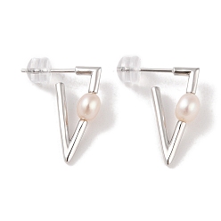 Triangle Anti-Tarnish Sterling Silver Stud Earrings, with Natural Pearl, Jewely for Women, Triangle, 20x6mm