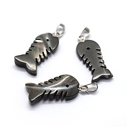 Platinum Shell Pendants, with Brass Findings, Fishbone, Dyed, Platinum, 22~23x9~10x3~5mm, Hole: 2x5mm