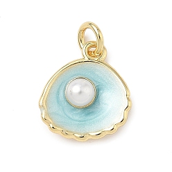 Зеленый Оболочка латунные амулеты, с абс пластмассовой имитационной жемчужиной, реальный 18 k позолоченный, без кадмия и без свинца, с целью перехода в кольце, зелёные, 14.5x13x5 мм, отверстие : 3 мм