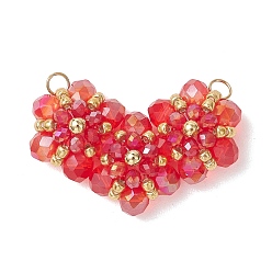 Красный Стеклянные подвески, шарма сердца, с 304 открытыми соединительными кольцами из нержавеющей стали и бусинами, граненые, красные, 22x33~33.5x7~8 мм, отверстие : 3 мм