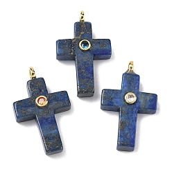 Ляпис-Лазурь Крашеные природные лазурит подвески, Подвески в виде креста с фурнитурой из латуни, инкрустированной микрофиброй (случайного цвета)., золотые, 30x17.5~18x6.5~7 мм, отверстие : 2.7 мм