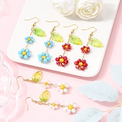 Golden 3Pairs Electroplate Glass Dangle Earrings, Flower, with Transparent Glass, Golden, 68~69x17mm