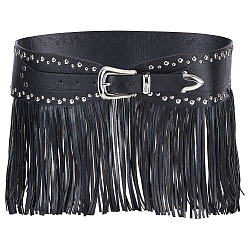 Noir 1Ceinture à pompons réglable en cuir PU (pièce), avec des boucles et des rivets en alliage, platine, noir, 1034x235~238x5mm