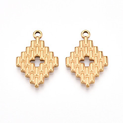 Настоящее золото 18K 304 подвески из нержавеющей стали, ионное покрытие (ip), ромб прелести, реальный 18 k позолоченный, 26x18x2.5 мм, отверстие : 2 мм