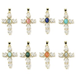 Смешанные камни Природные смешанные подвески драгоценных камней, подвески-кресты из латуни с прозрачным кубическим цирконием, реальный 18 k позолоченный, долговечный, стойки покрытие, 39x25x4.5 мм, отверстие : 6x4 мм
