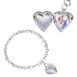 Stainless Steel Color 4Pcs 304 Stainless Steel Bracelets, Heart, with 316 Stainless Steel Locket Pendants, Stainless Steel Color, 9.65 inch(24.5cm)