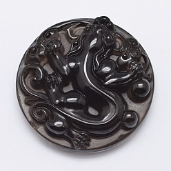 Black Natural Ice Crystal Obsidian Carven Pendants, Flat Round with Chinese Dragon, Black, 43x13mm, Hole: 1mm