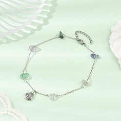 Shell Shape Браслеты на ногу с цепочкой из натурального флюорита, браслеты на ногу из сплава океана в тибетском стиле, античное серебро, формы раковины, 9-7/8 дюйм (250 мм), оболочкой: 12.5x9.5 mm