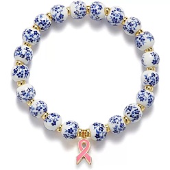 Синий Сплав эмали шарм браслеты, Фарфоровые сине-белые керамические круглые эластичные браслеты с бусинами для женщин, осведомленности ленты, синие, 6.30 дюйм (16 см) ~ 7.28 дюйм (18.5 см)