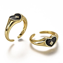 Black Brass Micro Pave Clear Cubic Zirconia Cuff Rings, Open Rings, with Enamel, Heart with Star, 
Real 18K Gold Plated, Long-Lasting Plated, Black, US Size 7 1/4(17.5mm)