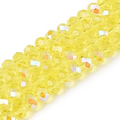 Шампанско-Желтый Стеклянные бусины с гальваническим покрытием , с половиным покрытием цвета радуги, граненые, рондель, шампанское желтый, 8x6 мм, отверстие : 1 мм, около 60~62 шт / нитка, 39~40 см