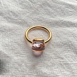 Pink Квадратный 304 нержавеющая сталь со стеклянными кольцами для пальцев, золотые, розовые, 10 мм, размер США 7 (17.3 мм)