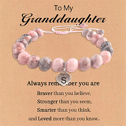 Letter S Браслеты из натуральной розовой зебровой яшмы с круглыми бусинами и эластичными бусинами, браслеты с подвесками в виде сердца и буквы для женщин, платина, Письмо с, 7-1/8 дюйм (18 см)