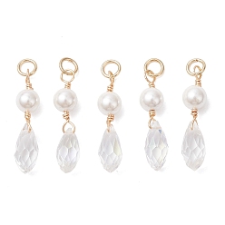 Золотой Подвески из ракушечного жемчуга и стекла, слеза, с 304 кольцами из нержавеющей стали, граненые, золотые, 26x6 мм, отверстие : 3.5 мм