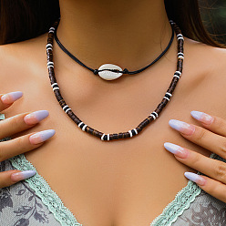 Shell Shape Двухслойные ожерелья из натуральных ракушек и кокосовых косточек, украшенные бусинами хейши., античное серебро, формы раковины, 13.78~17.72 дюйм (35~45 см), 2 шт / комплект