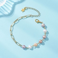 Настоящее золото 18K Латунные браслеты скрепки, Браслеты-цепочки из натуральных культивированных пресноводных бусин для женщин, самородки, реальный 18 k позолоченный, 7.36 дюйм (18.7 см)