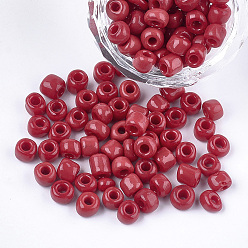 Dark Red Glass Seed Beads, Opaque Colours, Round, Dark Red, 5~6x3~5mm, Hole: 1.2~2mm, about 2500pcs/bag