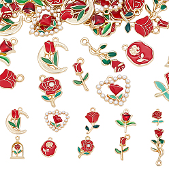 Красный 40 шт 10 стили подвески из сплава эмали, цветок, золотой свет, красные, 17.5~27.5x9~18x2.5~4 мм, отверстие : 1.5~2 мм, 4 шт / стиль